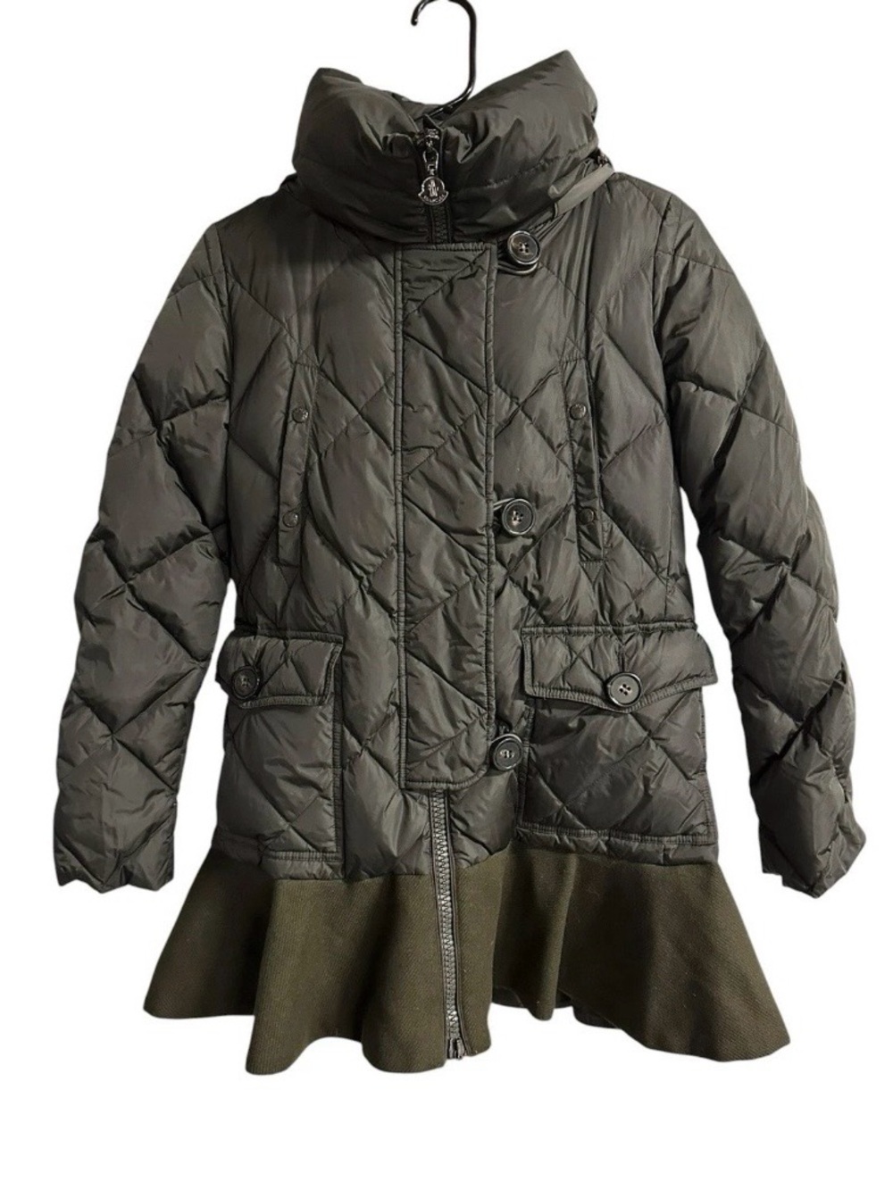 MONCLER Vauloge Olive Green Down Puffer Coat Peplum Flounce Hood Luxury